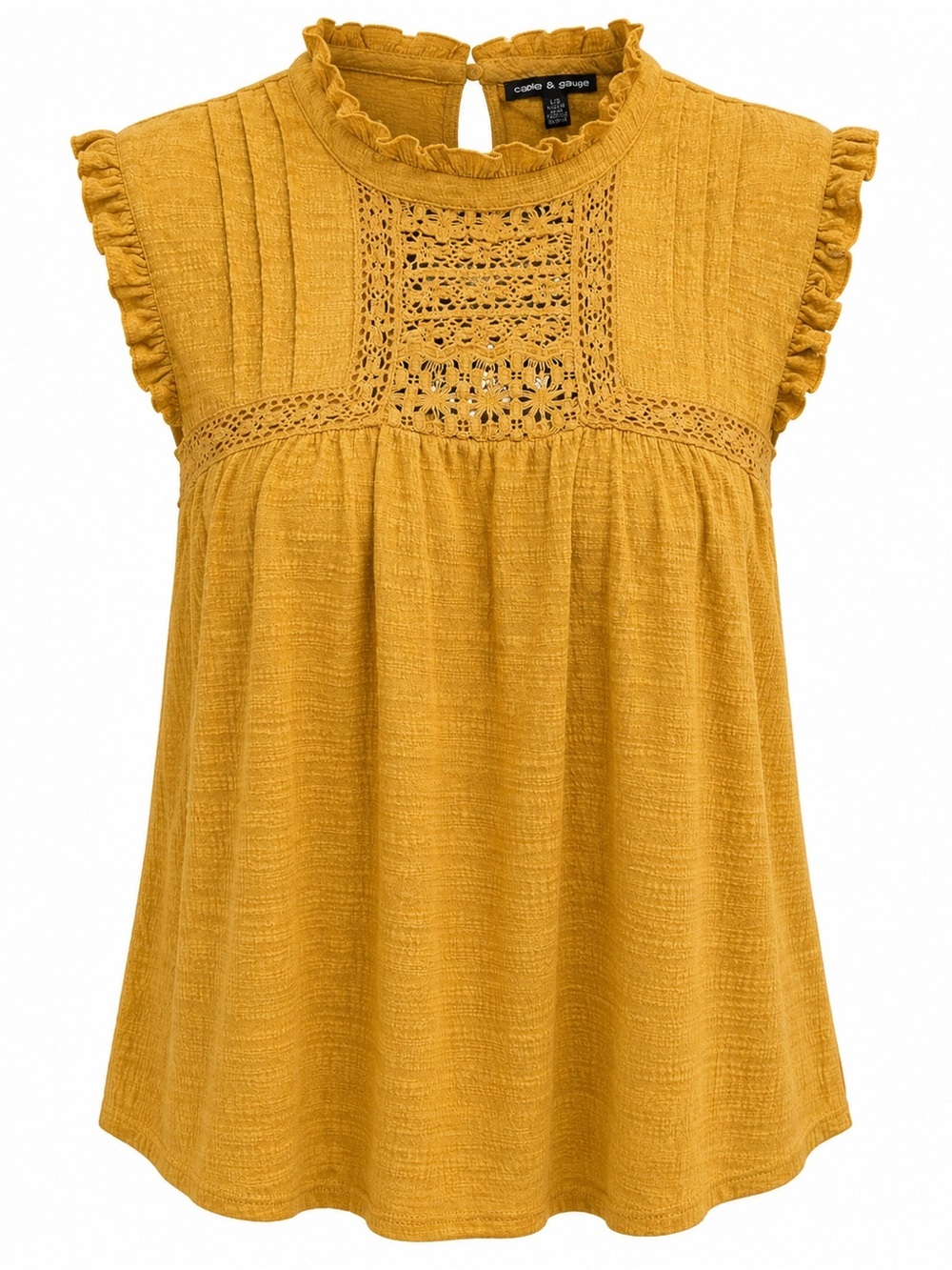 Cable & Gauge Mustard Crochet Mock Neck Boho Top Large